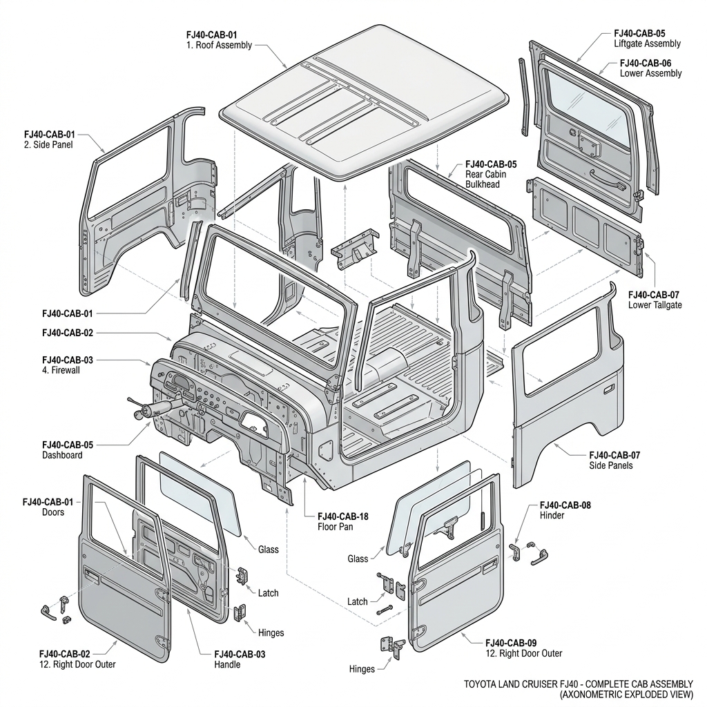 Exploded view of Toyota Land Cruiser Complete Cab Assembly