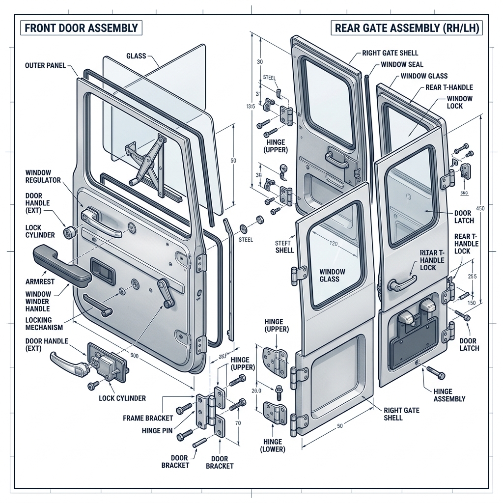 Exploded view of Toyota Land Cruiser Doors and Gate Panels