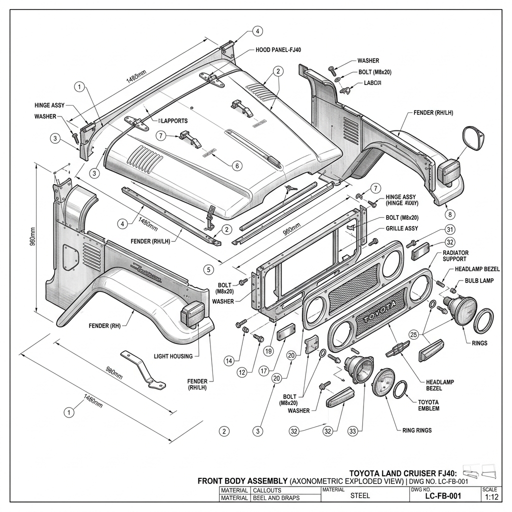Exploded view of Toyota Land Cruiser Hoods and Fenders