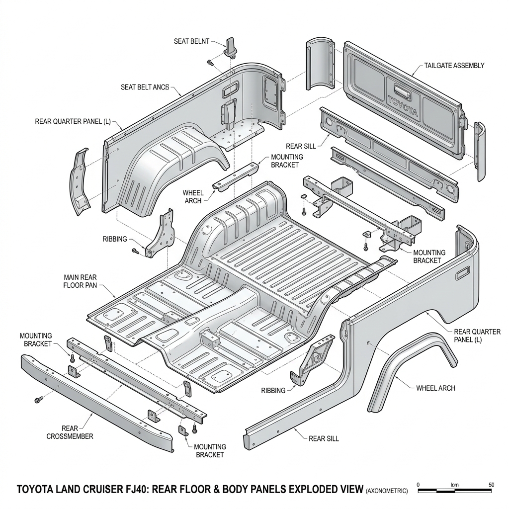 Exploded view of Toyota Land Cruiser Floor and Rear panels
