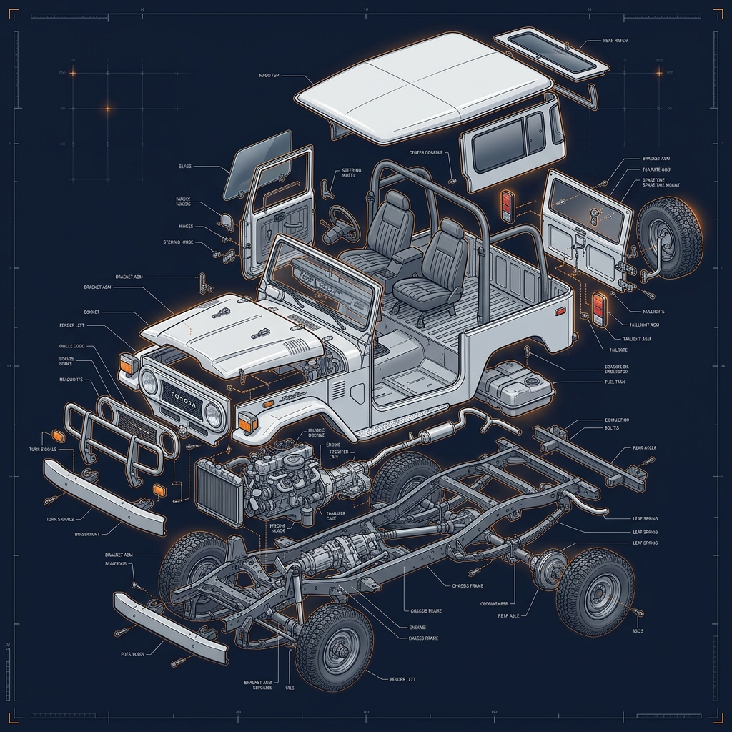 Toyota Land Cruiser FJ40 Technical Axonometric Chassis Render